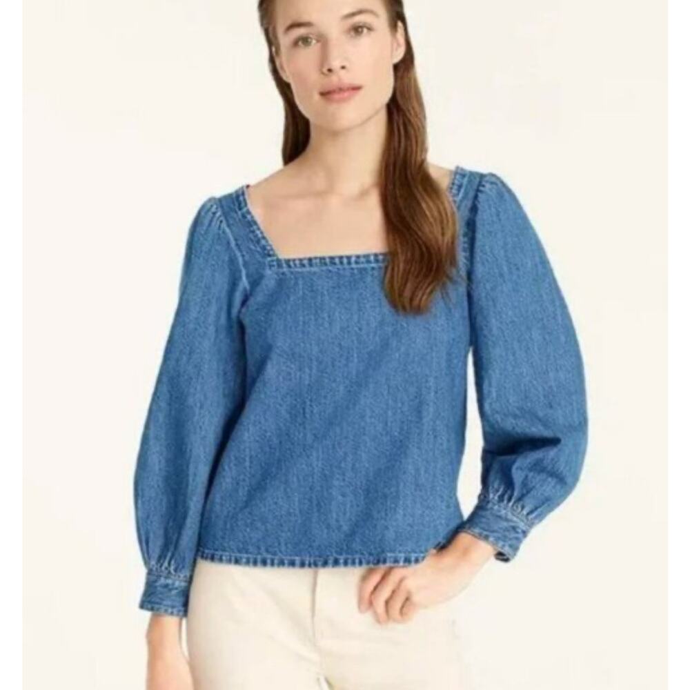 NWT J.Crew Square Neck Chambray Blouse Cottagecore Puff Sleeve Denim Top M